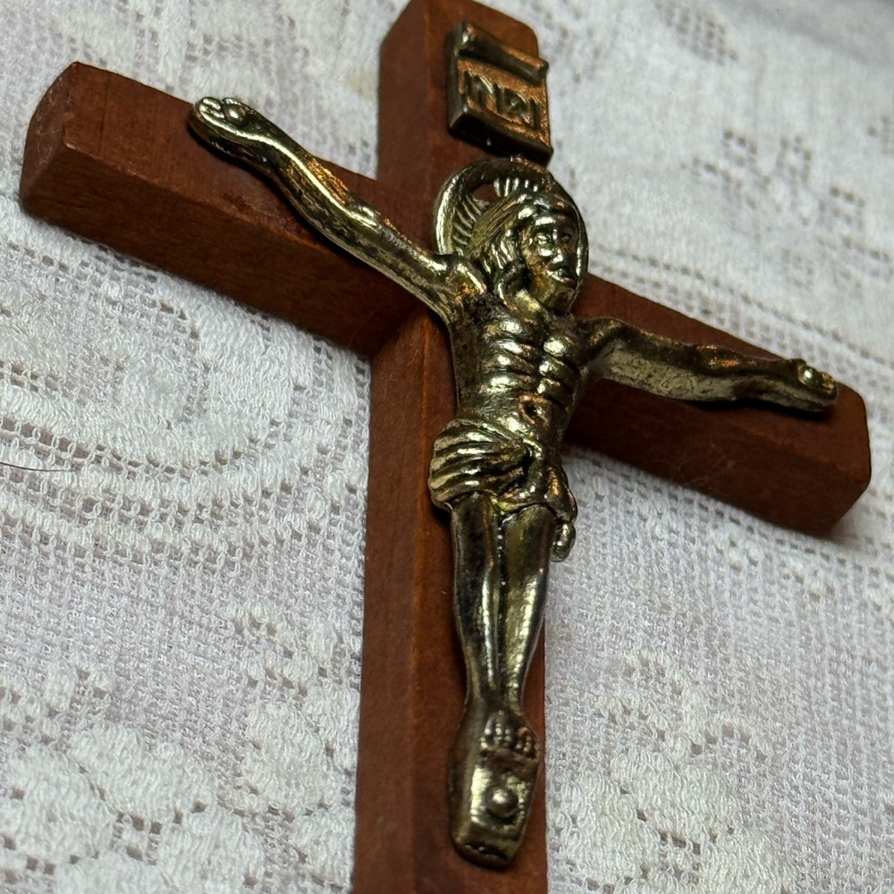 Vintage Brass-Corpus Wooden Crucifix with Brown Cross Devotional Faith Decor